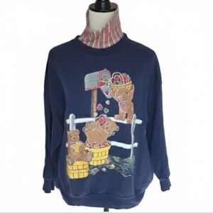 Vintage Land & Sea Navy Blue Sweatshirt Bear Design Plaid Turtleneck Size Large